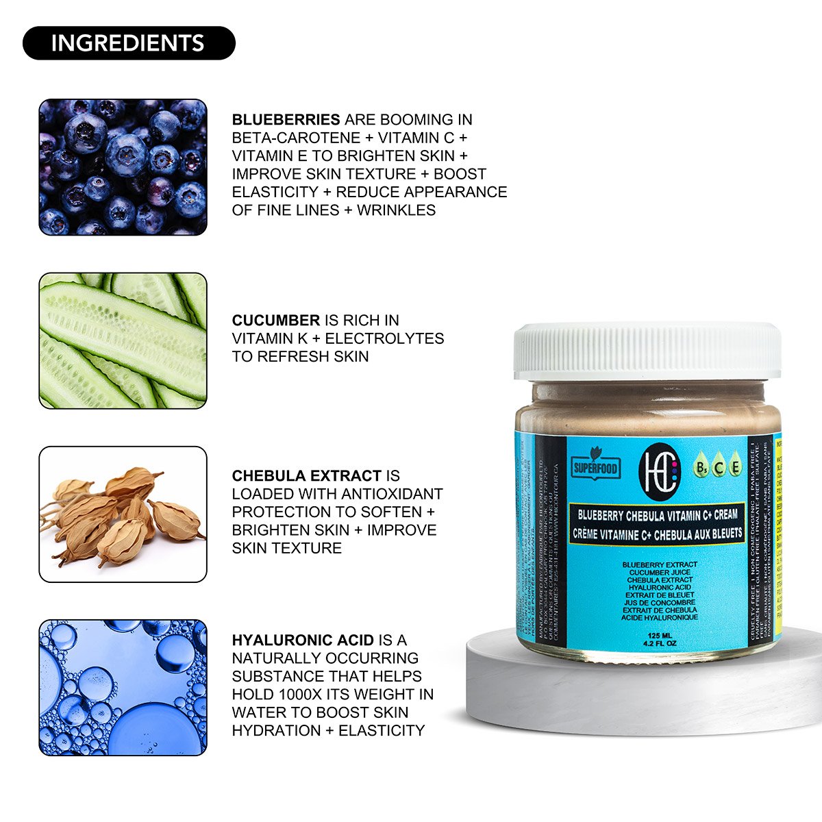 Blueberry-Chebula-Cream6.jpg Blueberry Chebula Vitamin C+ Face Cream – Daily Anti-Aging, Brightening & Hydrating Moisturizer | Fresh Blueberry, Cucumber & Chebula Extract + Hyaluronic Acid + Vitamins B5, C & E | 125mL - Image 6