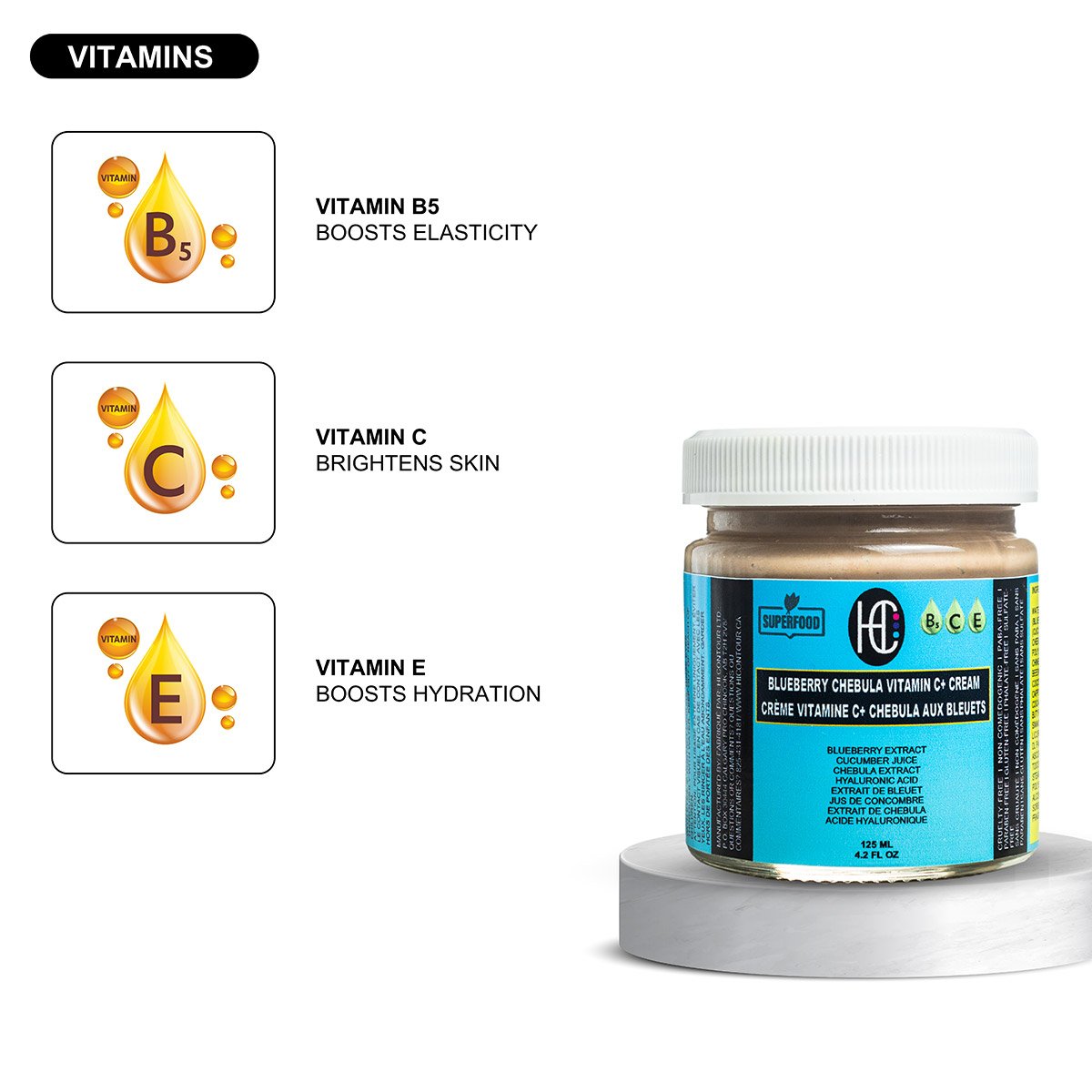 Blueberry-Chebula-Cream7.jpg Blueberry Chebula Vitamin C+ Face Cream – Daily Anti-Aging, Brightening & Hydrating Moisturizer | Fresh Blueberry, Cucumber & Chebula Extract + Hyaluronic Acid + Vitamins B5, C & E | 125mL - Image 7