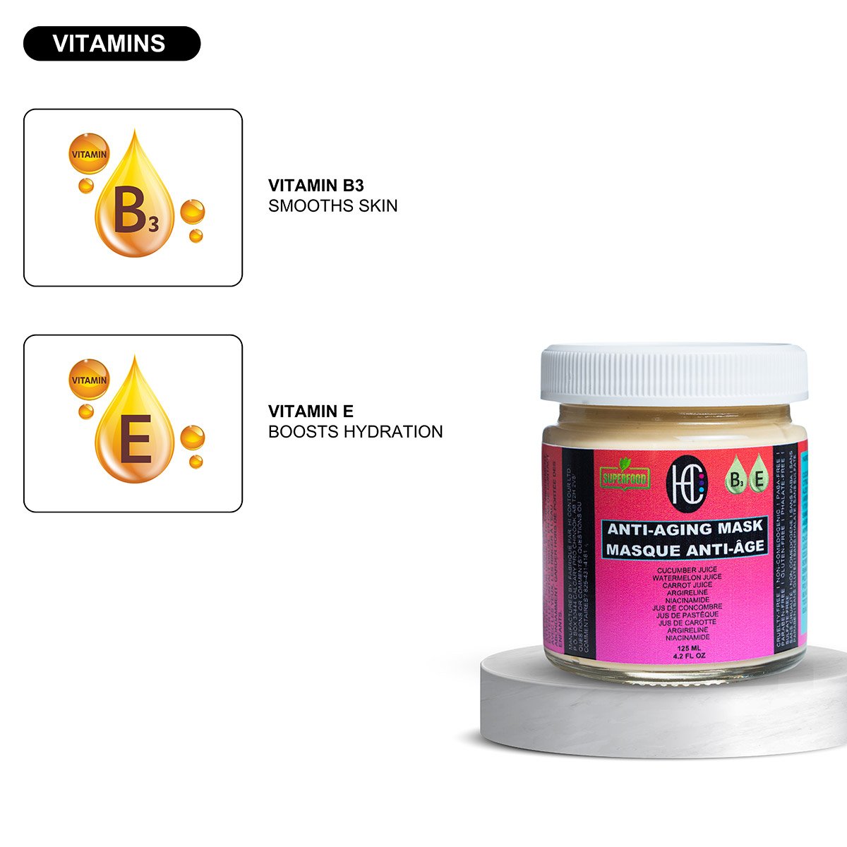 anti-aging-mask-img7.jpg Anti-Aging Face Mask – Weekly Rejuvenating Treatment | Fresh Cucumber, Watermelon & Carrot Juice + Argireline + Niacinamide (Vitamin B3) + Vitamin E | 125mL - Image 7