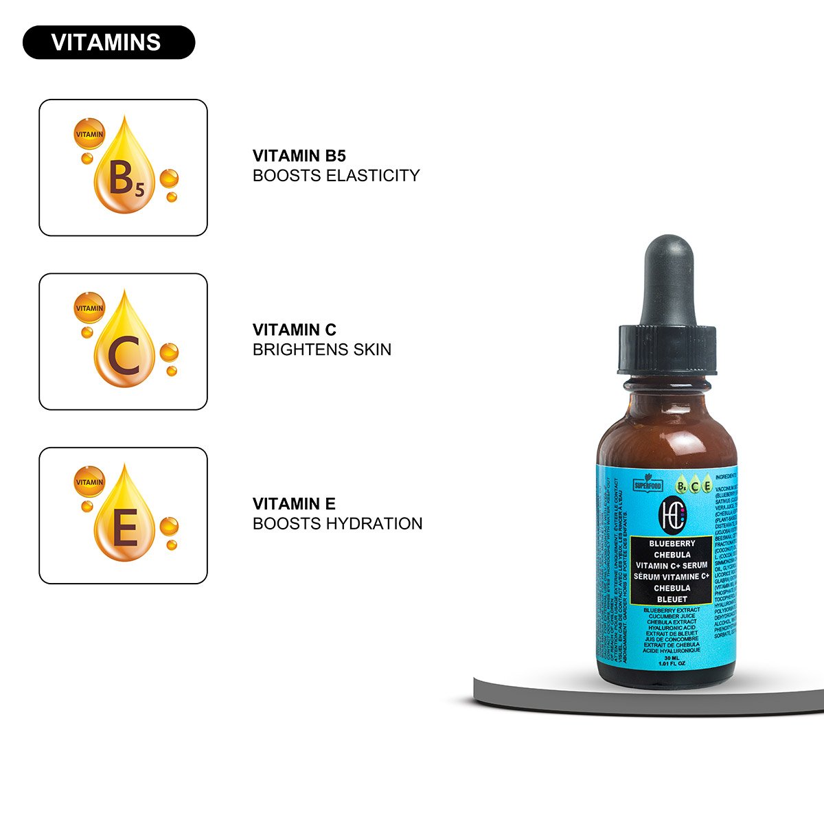 blueberry-chebula-serum-img7.jpg Blueberry Chebula Vitamin C+ Face Serum – Brightening, Anti-Aging & Hydrating | Hyaluronic Acid + Vitamin B5 & E | 30ML - Image 7