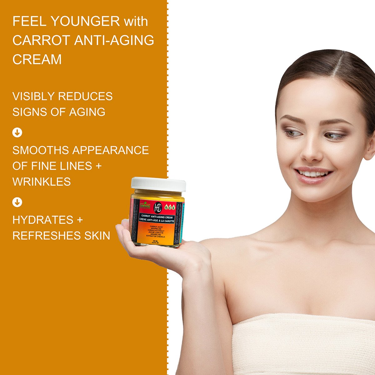 carrot-anti-aging-img4.jpg Carrot Anti-Aging Cream – Daily Brightening & Hydrating Face Moisturizer | Carrot Juice + Chebula Extract + Argireline + Hyaluronic Acid | 125mL - Image 4