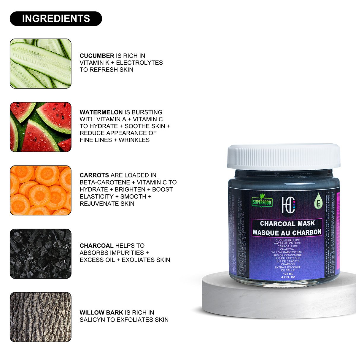 charcol-mask-img6.jpg Charcoal Purifying Face Mask – Weekly Detox & Pore-Clearing Treatment | Charcoal + Willow Bark + Fresh Cucumber, Watermelon & Carrot Juice + Vitamin E | 125mL - Image 6