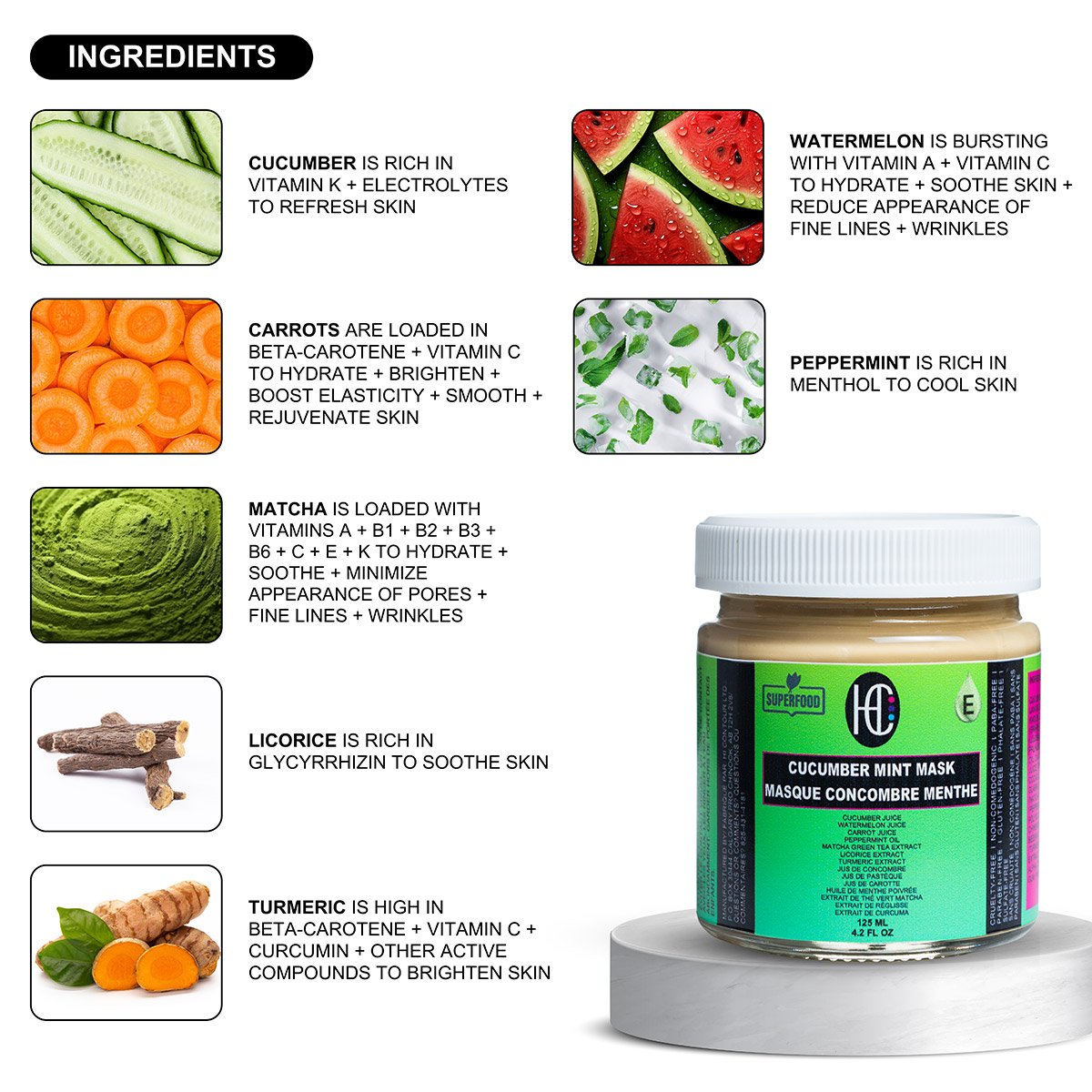 cucumber-mint-mask-img6.jpg Mint Cucumber Face Mask – Weekly Soothing & Refreshing Treatment | Fresh Cucumber, Watermelon & Carrot Juice + Matcha, Turmeric & Peppermint | Hydrating with Vitamin E | 125mL - Image 6