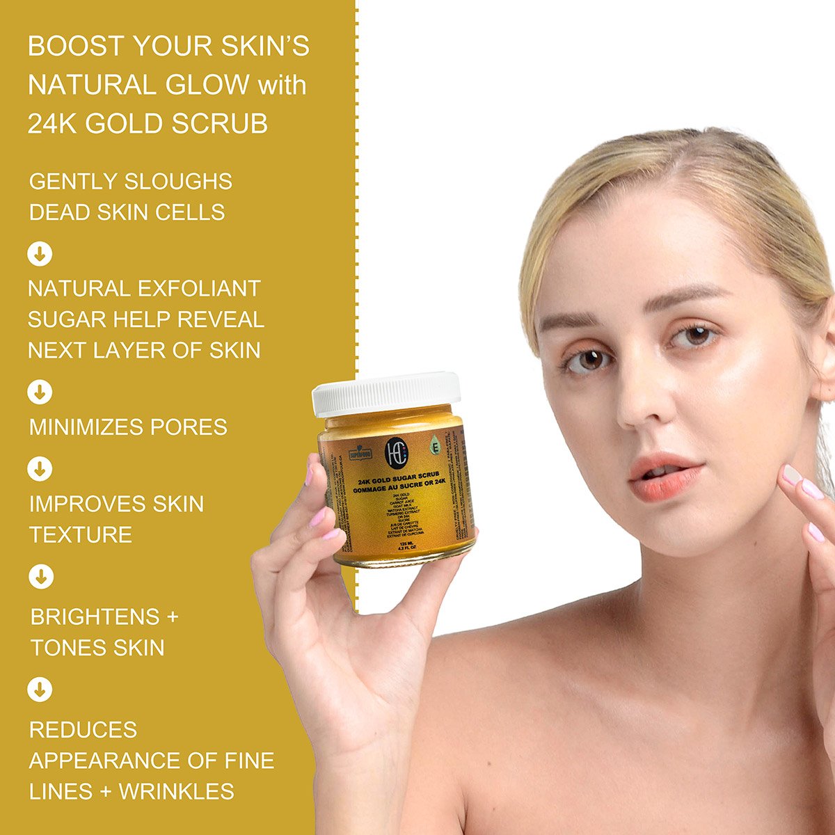 gold-scrub-img4.jpg 24K Gold Radiance Sugar Scrub – Anti-Aging Face & Body Exfoliator | Fresh Carrot Juice, Matcha & Turmeric | Natural Sugar Crystals | 125mL / 4.2 fl oz - Image 3