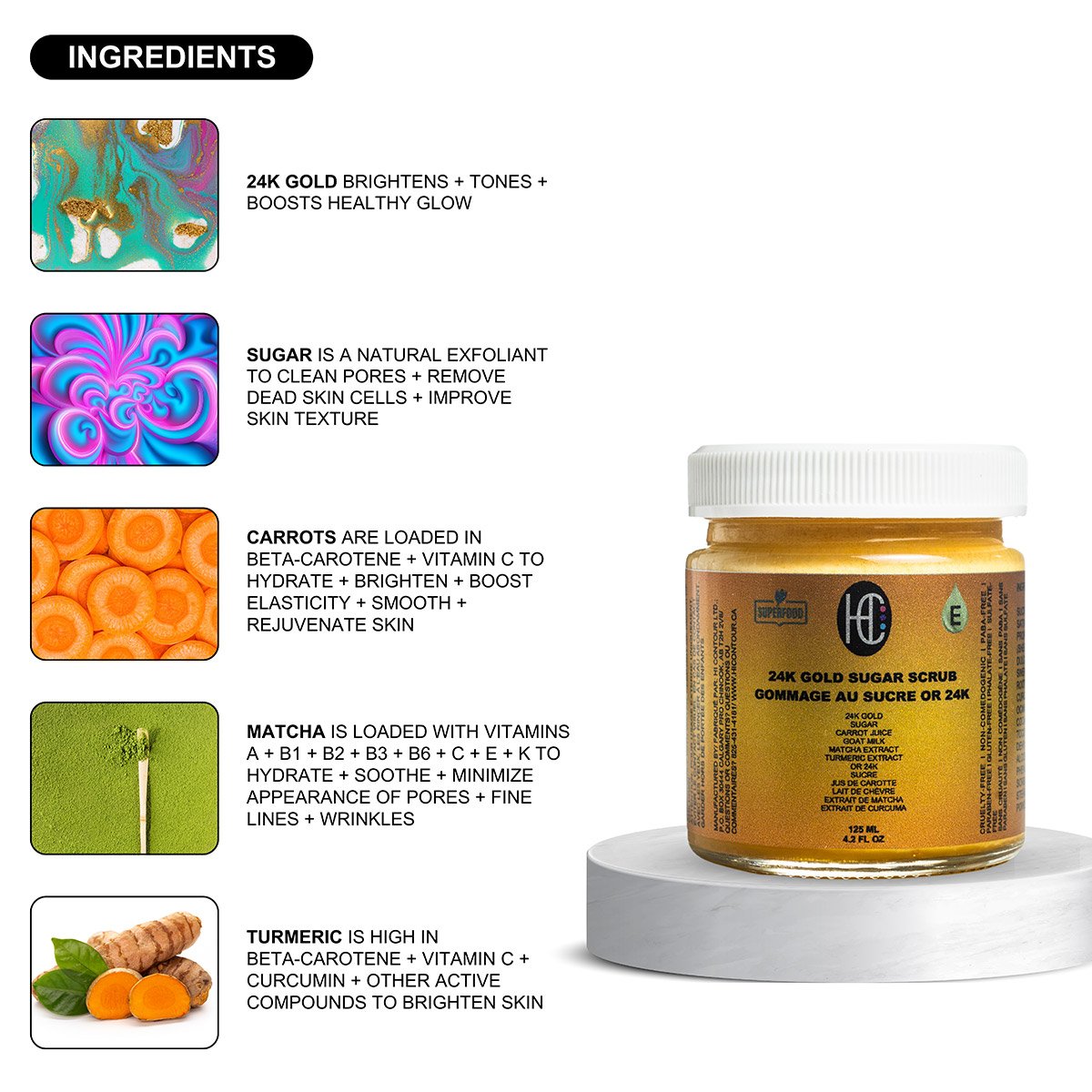 gold-scrub-img6.jpg 24K Gold Radiance Sugar Scrub – Anti-Aging Face & Body Exfoliator | Fresh Carrot Juice, Matcha & Turmeric | Natural Sugar Crystals | 125mL / 4.2 fl oz - Image 5