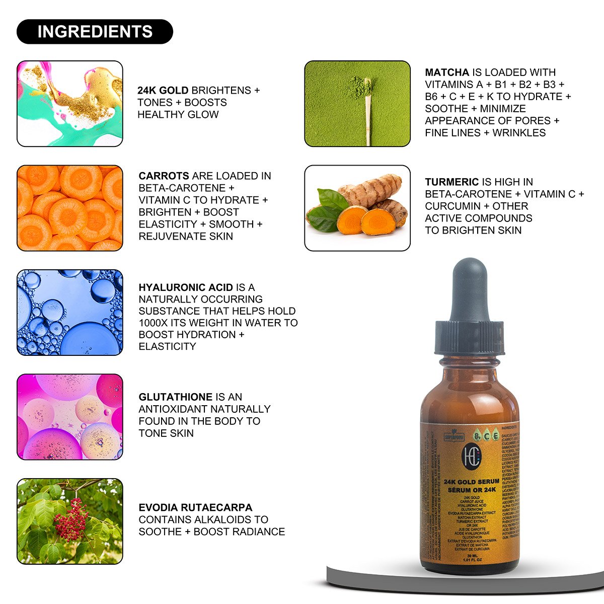 gold-serum-img6.jpg 24K Gold Radiance Serum – Anti-Aging Daily Face Elixir | Fresh Carrot Juice, Hyaluronic Acid, Glutathione & Vitamins B5, C, E | Matcha & Turmeric | 30mL / 1.01 fl oz - Image 6
