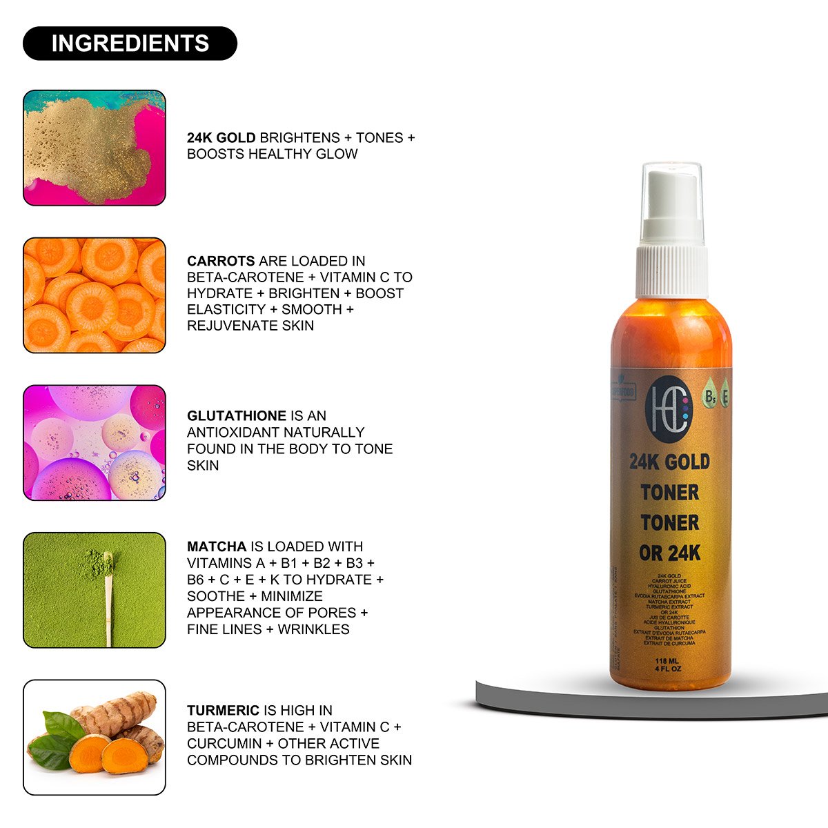 gold-toner-img6.jpg 24K Gold Radiance Toner – Pore-Tightening Anti-Aging Face Elixir | Fresh Carrot Juice, Hyaluronic Acid, Glutathione & Vitamins B5 & E | Matcha & Turmeric | 118mL / 4 fl oz - Image 6
