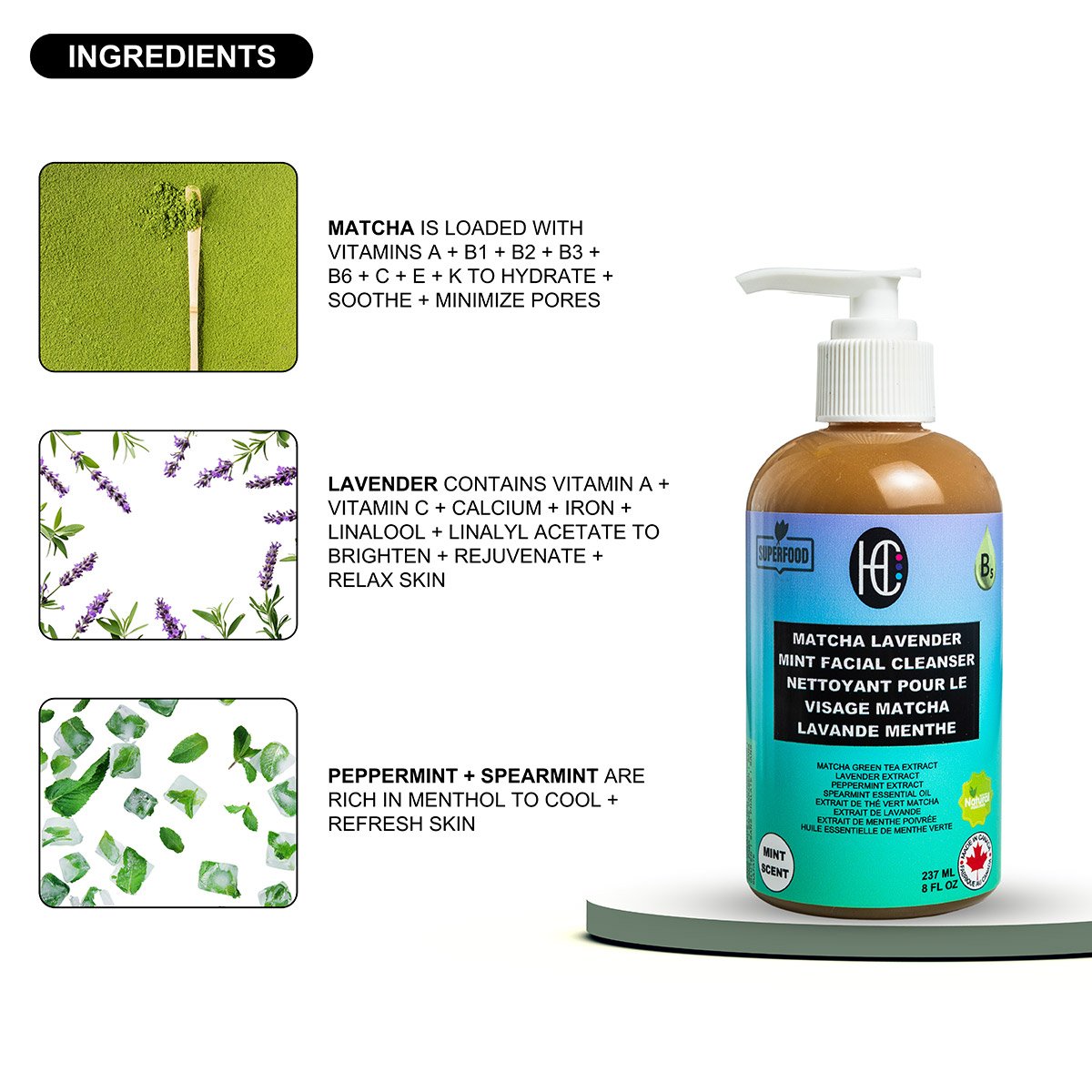 matcha-lavender-cleanser-img9.jpg Matcha Lavender Mint Facial Cleanser – Hydrating Daily Face Wash with Plant-Based Extracts | Removes Dirt, Oil & Makeup | 237mL / 8 fl oz - Image 6